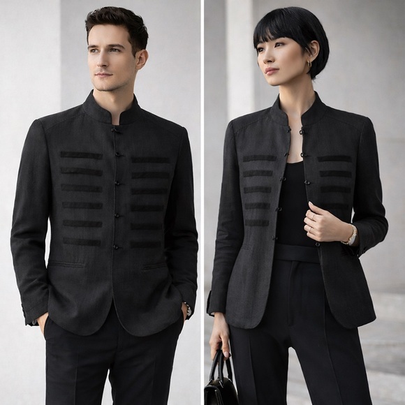 ZARA Black Mandarin Collar Military Jacket Linen Blend NWT Men’s S Unisex